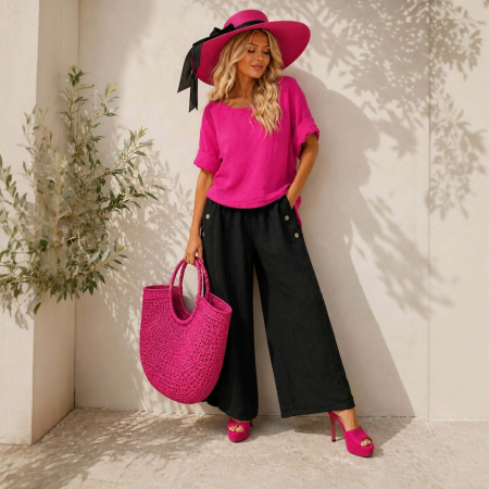 Bluze in - Bluza ciclam din in cu nasturi pe partea din spate