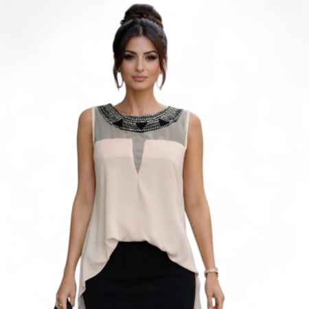 Bluze sezon cald - Bluza din Voal Asimetrica cu Margele la Decolteu