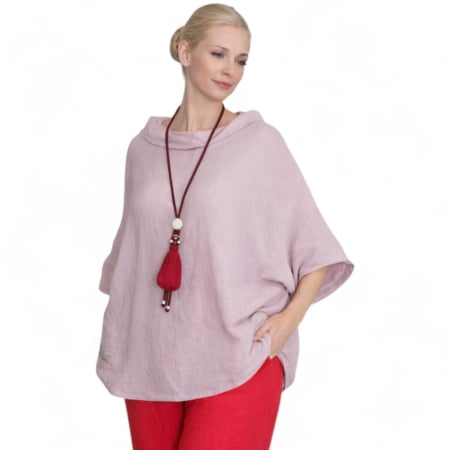 Bluze in - Bluza croi larg tip poncho din in roz prafuit si guler larg rotund