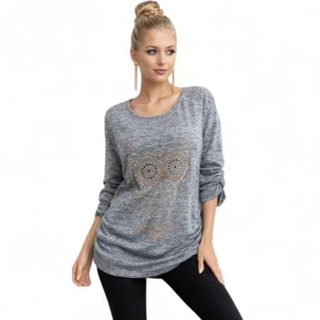 Bluze poliester - Bluza cu bufnita din tinte aurii si maneci lungi