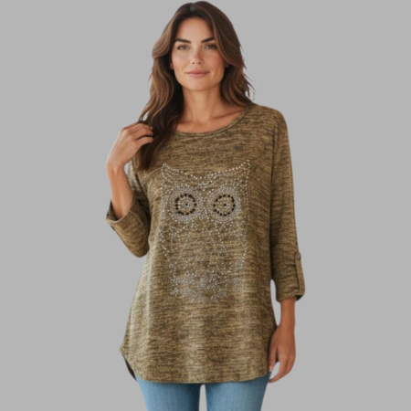 Bluze sezon rece - bluza-cu-model-bufnita-din-margele-aurii