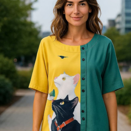 Bluze /pulovere pisica - Bluza cu Nasturi si Model Pisici si Decolteu Rotund