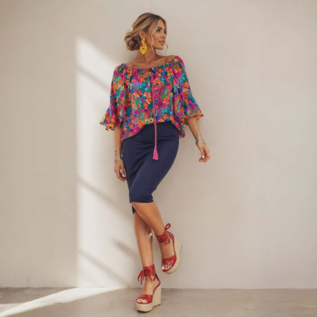 Bluza bumbac - Bluza din bumbac cu elastic la decolteu si volane la maneci