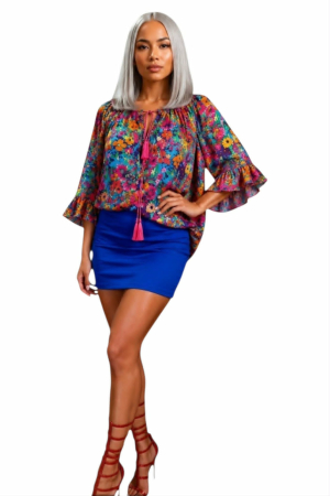Bluza bumbac - Bluza din bumbac cu elastic la decolteu si volane la maneci
