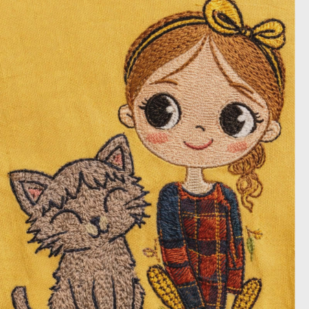 Bluza din bumbac galbena cu broderie pisica si fetita [3]