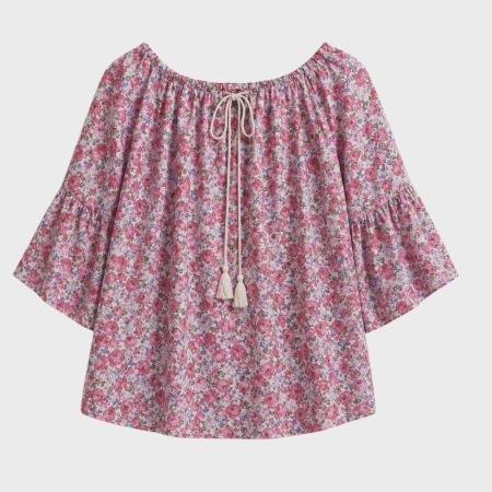 Bluza din bumbac imprimeu floral roz si elastic la decolteu [3]