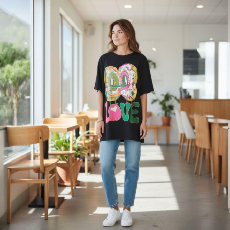 Bluza din Bumbac pe Fond Negru pentru Marime Mare si Imprimeu Colorat [1]