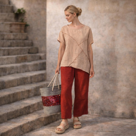 Bluza din in cu aspect zdrenturos decolteu rotund [1]