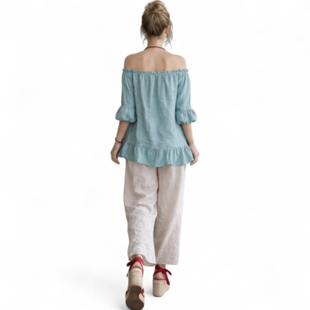 Bluza din In cu Volane si Banda Elastica la Decolteu [2]