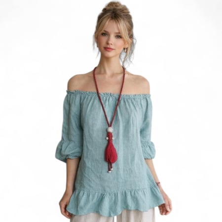 Bluze in - Bluza din In cu Volane si Banda Elastica la Decolteu