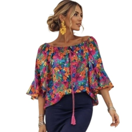 Imbracaminte - Bluza fond  cu imprimeu floral si volane la maneci