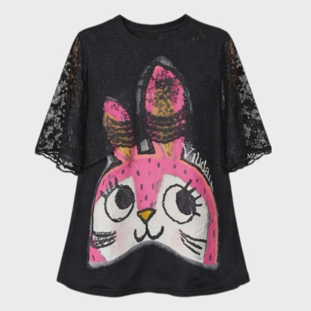 Bluza neagra cu dantele tip pelerina si desen iepuras cu paiete [4]