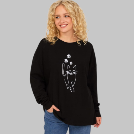 Bluze /pulovere pisica - Bluza neagra cu imprimeu pisica alba
