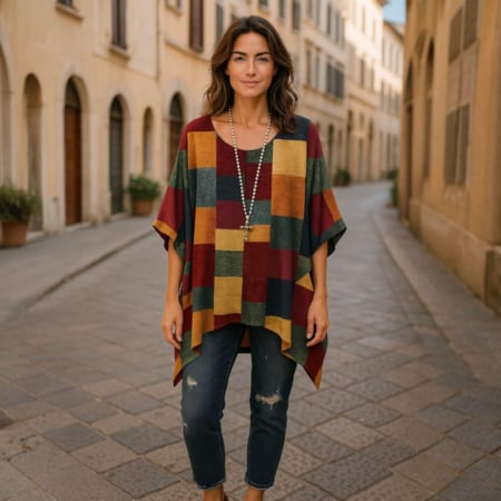 Bluze voal/ poliester - Bluza tip fluture asimetrica cu imprimeu carouri multicolore