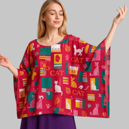 Bluze sezon cald - Bluza Tip Poncho din Bumbac cu Imprimeu Pisici Colorate