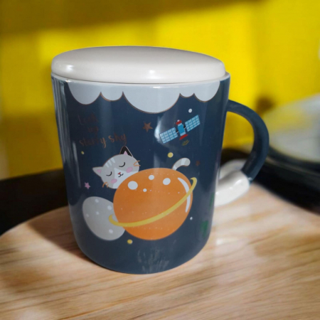 Cana din Ceramica cu Lingurita si Capac cu Desen Pisica [1]