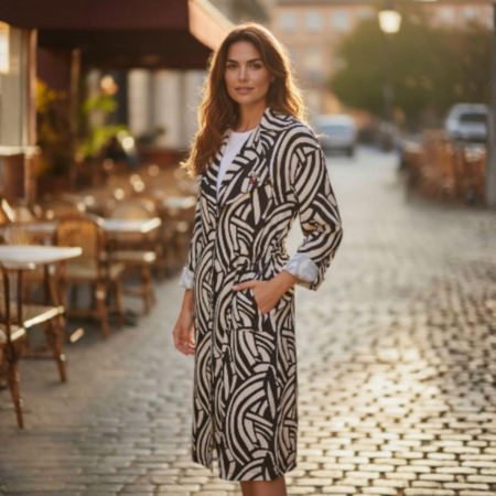 Cardigan lung in crem  si negru  cu snur in talie [1]