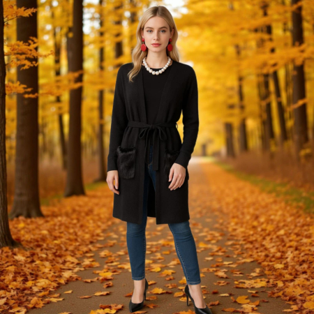 Pulovere - cardigan-negru-tricotat-cu-buzunare-din-blana-ecologica