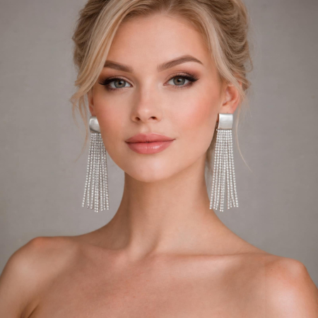 Cercei lungi eleganti cu franjuri din strasuri argintii si baza neagra