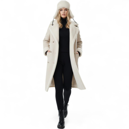 Cojoc crem pufos  din blana ecologica  cu buzunare laterale pentru iarna [2]