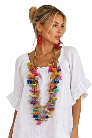Coliere lungi - Colier statement  lung din lemn colorat  si elemente geometrice