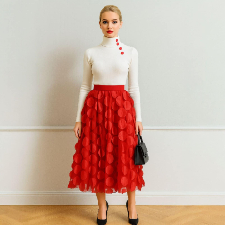 Fuste sezon cald - Fusta din tulle cu aplicatii cercuri si banda elastica in talie