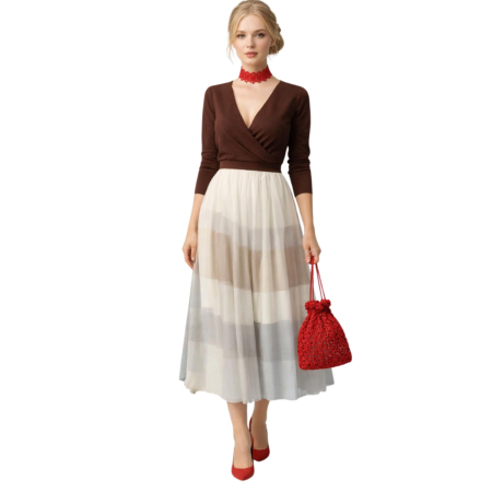 Fuste tulle - Fusta din Tulle cu Dungi Maronii si Banda Elastica in Talie