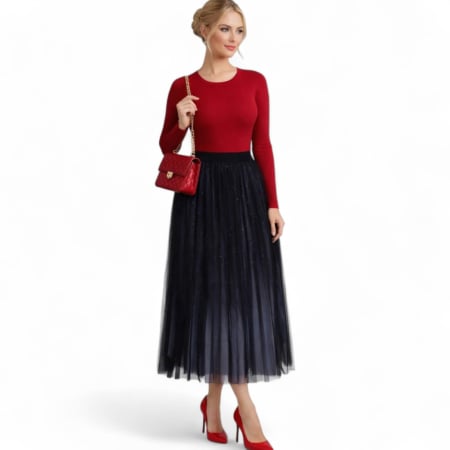 Fuste tulle - Fusta din Tulle Plisata cu Jupa Degrade si Sclipici