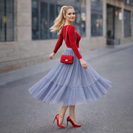 PROMOTII - Fusta eleganta gri cu doua fete din tulle si catifea fina