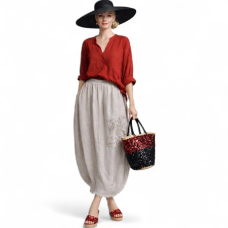 Fuste in - Fusta Lunga din In cu Model Floare din Macrame si Paiete tip Gogosar