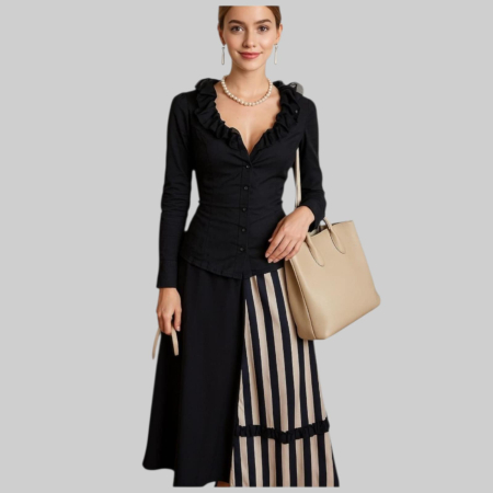 Fusta Lunga din Satin cu Dungi Negri pe Fond Alb si Trandafiri Negru Cusuti [2]