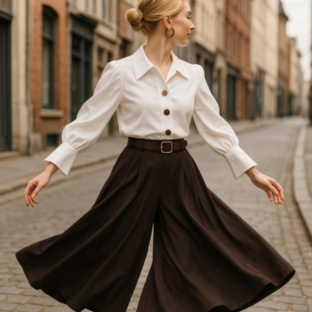 Fusta pantalon ampla  din reiat fin maro cu buzunare laterale si curea inclusa [2]