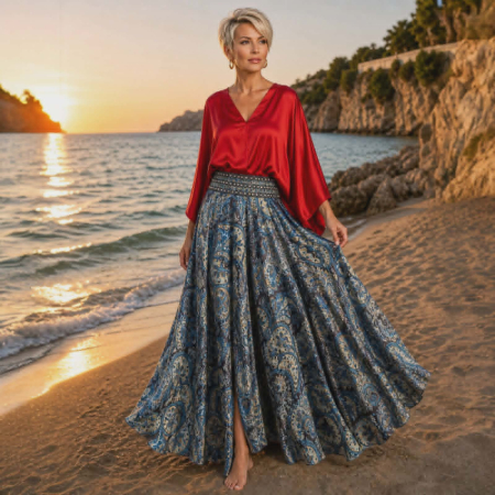 Pantaloni - Fusta pantalon foarte ampla din matase indiana si pietre in talie