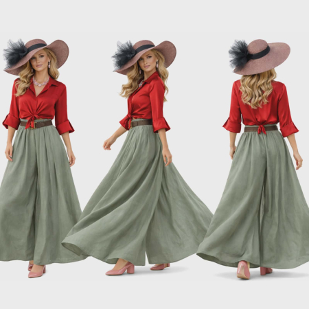 Fusta pantalon larga  din bumbac verde kaki si curea inclusa [2]