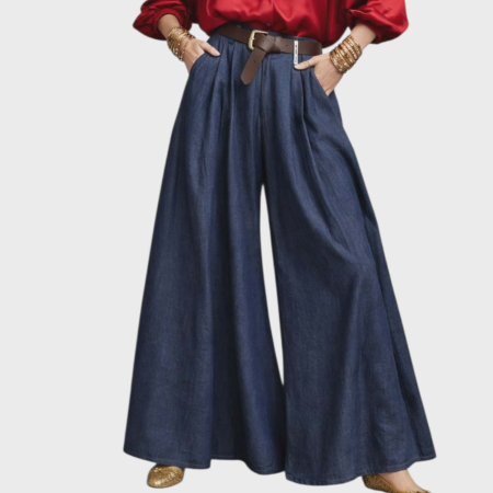 Fusta pantalon largi din denim cu buzunare si curea in talie [2]