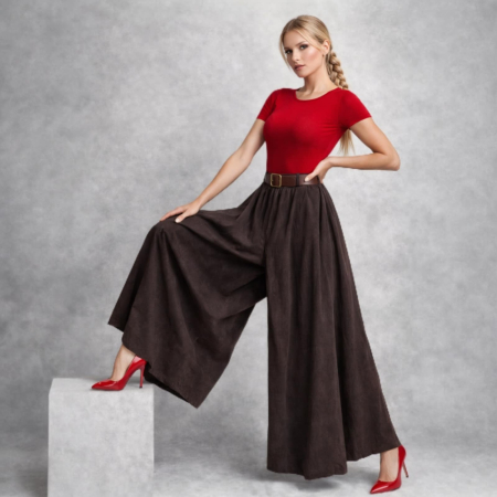 Fusta pantaloni ampla din reiat fin cu centura inclusa