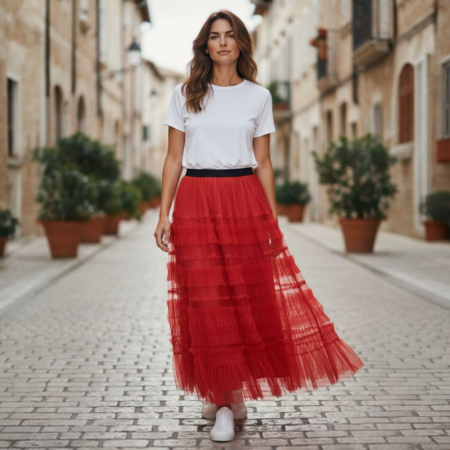Fuste sezon cald - Fusta Rosie Lunga din Straturi cu Tulle