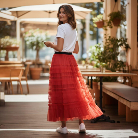 Fusta Rosie Lunga din Straturi cu Tulle [2]