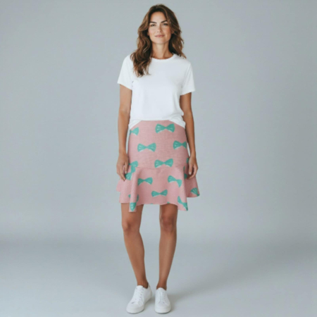Fuste poliester - Fusta roz usor clos cu imprimeu fundite