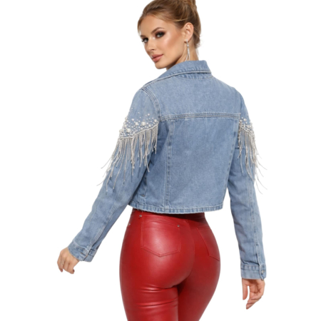 Geaca din denim cu aplicatii perle si franjuri din strasuri argintii [2]