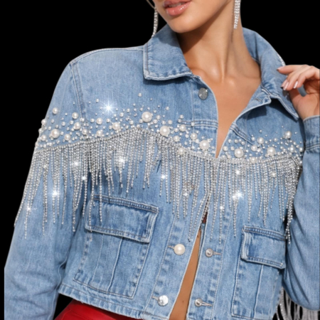 Geaca din denim cu aplicatii perle si franjuri din strasuri argintii [4]