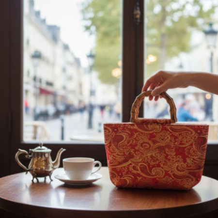 Genti sezon cald - Geanta din Material Textil cu Imprimeu Floral si Manere din Lemn