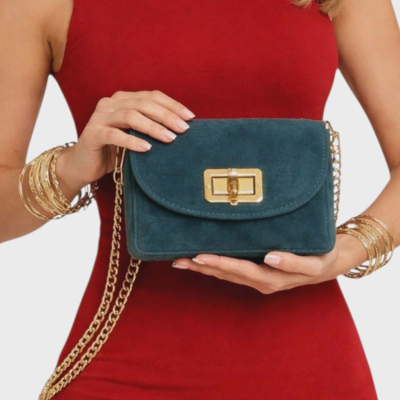 Genti piele naturala - Geanta din piele intoarsa naturala albastru turcoaz  cu lant de umar auriu din zale