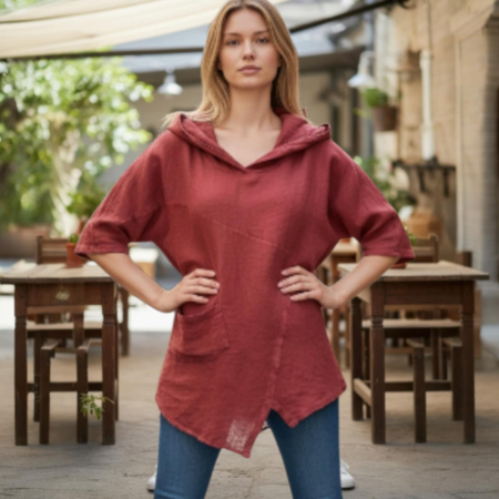 Imbracaminte - Hanorac din In Asimetric cu Buzunar in Partea Dreapta