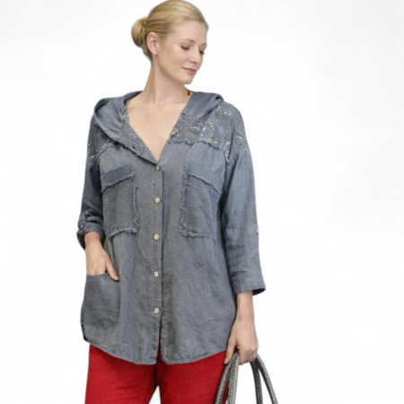 Bluze in - Hanorac din In pe Fond Gri Sobolan cu Paiete la Bust