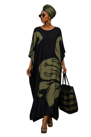 Kaftan dama din vascoza cu imprimeu floral verde kaki [1]