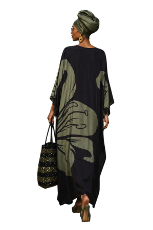 Kaftan dama din vascoza cu imprimeu floral verde kaki [2]