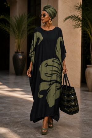 Rochii tip poncho/ kaftan - Kaftan dama din vascoza cu imprimeu floral verde kaki