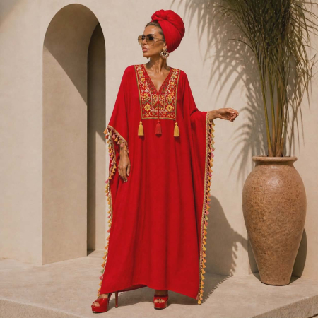 Rochii tip poncho/ kaftan - Kaftan rosu din vascoza cu ciucuri multicolore pe margini