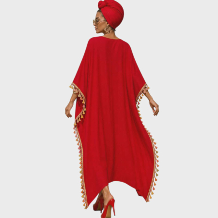 Kaftan rosu din vascoza cu ciucuri multicolore pe margini [1]